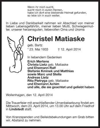 Traueranzeige von Christel Matiaske von Uelzen