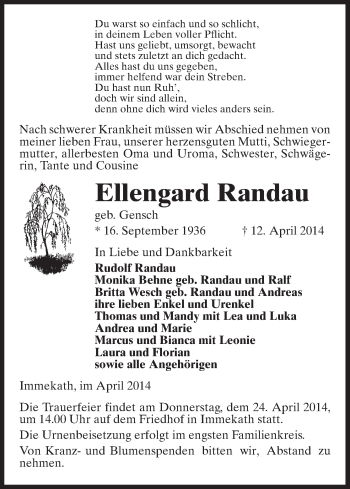 Traueranzeige von Ellengard Randau von Uelzen