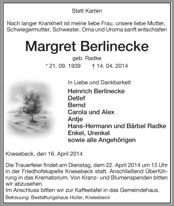 Traueranzeige von Margret Berlinecke von Uelzen