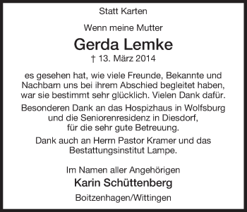 Traueranzeige von Gerda Lemke von Uelzen