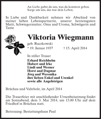 Traueranzeige von Viktoria Wiegmann von Uelzen