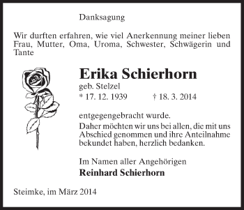 Traueranzeige von Erika Schierhorn von Uelzen