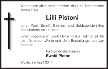Traueranzeige von Lilli Pistoni von Uelzen