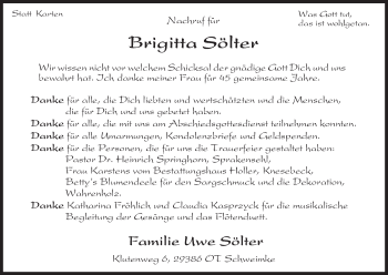 Traueranzeige von Brigitta Sölter von Uelzen