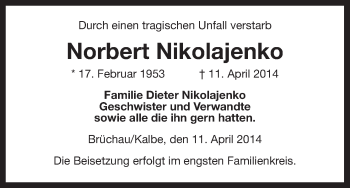 Traueranzeige von Norbert Nikolajenko von Uelzen