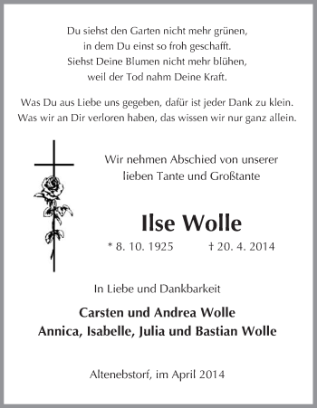 Traueranzeige von Ilse Wolle von Uelzen