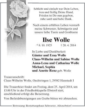 Traueranzeige von Ilse Wolle von Uelzen