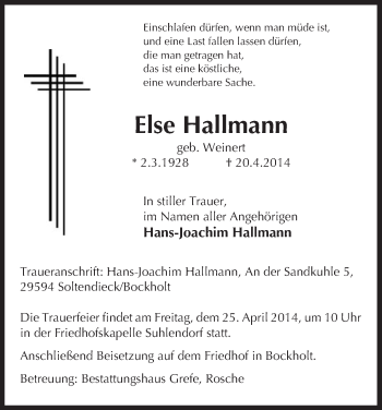 Traueranzeige von Else Hallmann von Uelzen