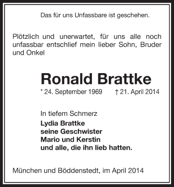 Traueranzeige von Ronald Brattke von Uelzen