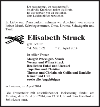 Traueranzeige von Elisabeth Struck von Uelzen