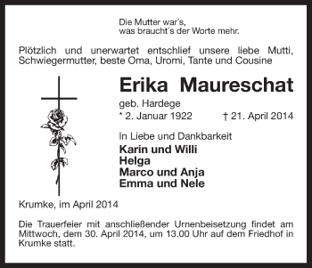 Traueranzeige von Erika Maureschat von Uelzen