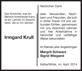 Traueranzeige von Irmgard Krull von Uelzen