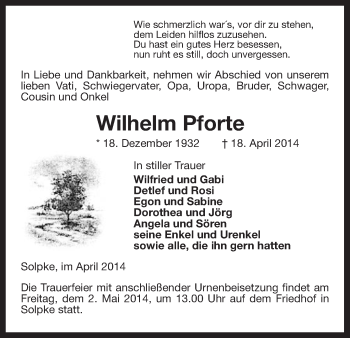 Traueranzeige von Wilhelm Pforte von Uelzen