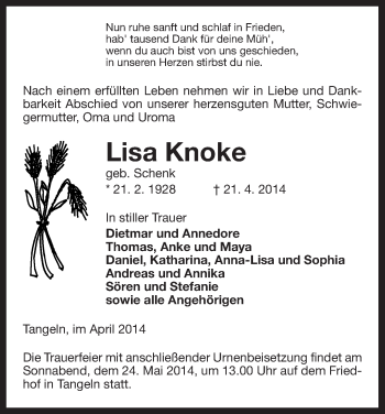 Traueranzeige von Lisa Knoke von Uelzen