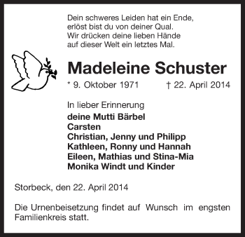 Traueranzeige von Madeleine Schuster von Uelzen