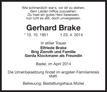 Traueranzeige von Gerhard Brake von Uelzen