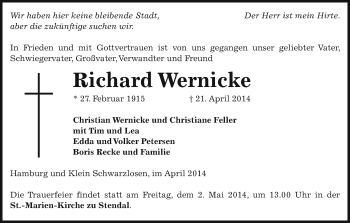 Traueranzeige von Richard Wernicke von Uelzen