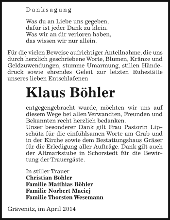 Traueranzeige von Klaus Böhler von Uelzen