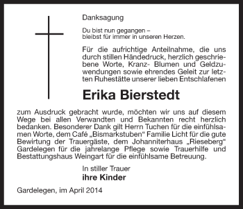 Traueranzeige von Erika Bierstedt von Uelzen