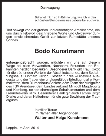 Traueranzeige von Bodo Kunstmann von Uelzen