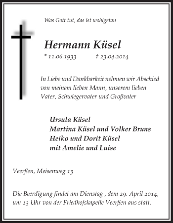 Traueranzeige von Hermann Küsel von Uelzen