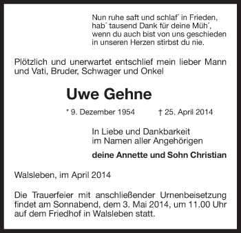 Traueranzeige von Uwe Gehne von Uelzen