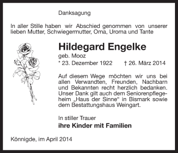 Traueranzeige von Hildegard Engelke von Uelzen