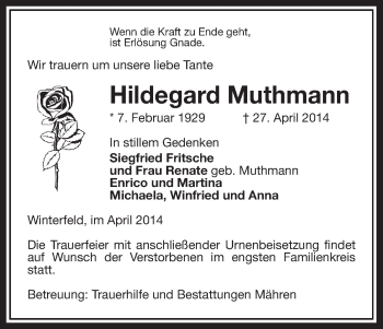 Traueranzeige von Hildegard Muthmann von Uelzen