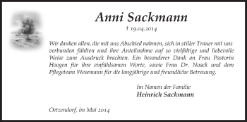 Traueranzeige von Anni Sackmann von Uelzen