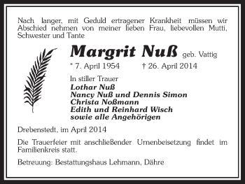 Traueranzeige von Margrit Nuß von Uelzen