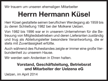 Traueranzeige von Hermann Küsel von Uelzen