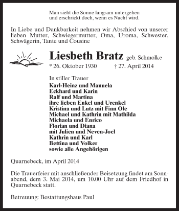 Traueranzeige von Liesbeth Bratz von Uelzen