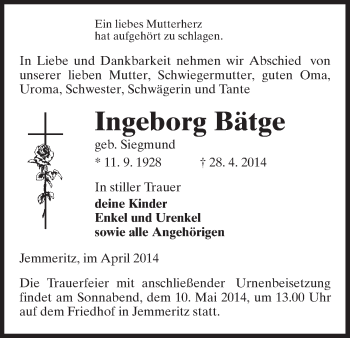 Traueranzeige von Ingeborg Bätge von Uelzen