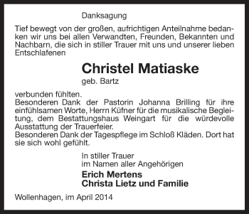 Traueranzeige von Christel Matiaske von Uelzen