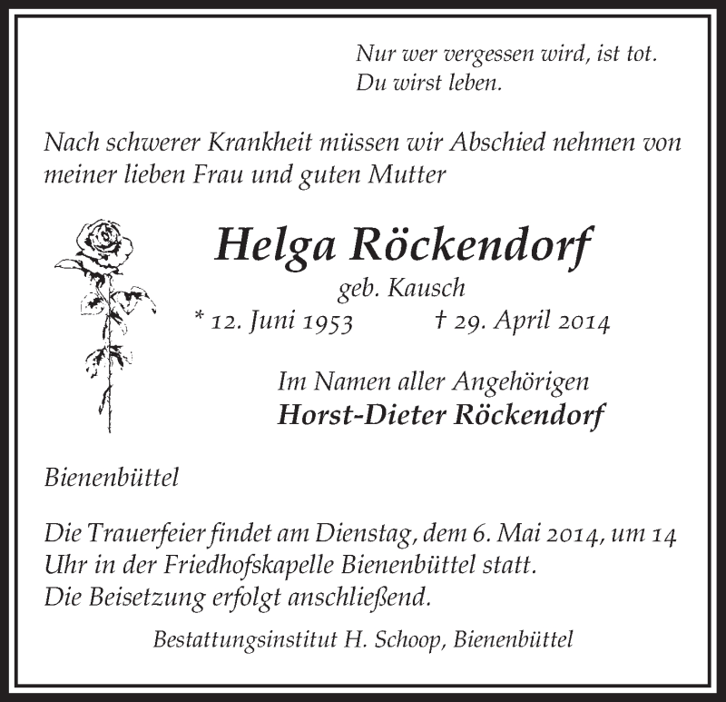  Traueranzeige für Helga Röckendorf vom 03.05.2014 aus Uelzen