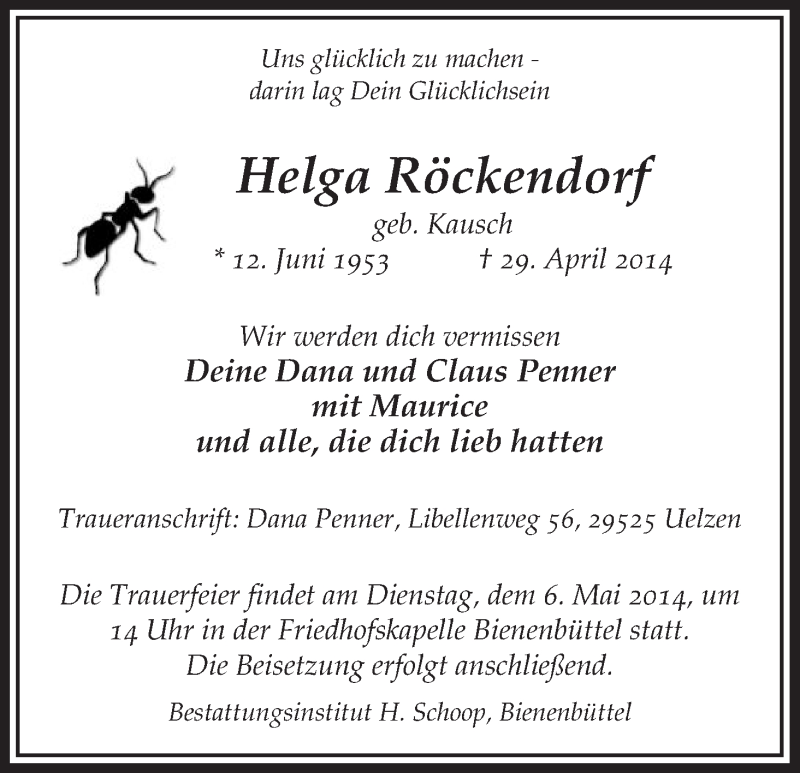  Traueranzeige für Helga Röckendorf vom 03.05.2014 aus Uelzen