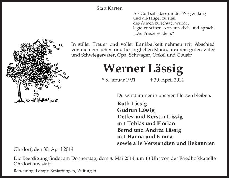  Traueranzeige für Werner Lässig vom 03.05.2014 aus Uelzen