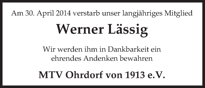  Traueranzeige für Werner Lässig vom 03.05.2014 aus Uelzen