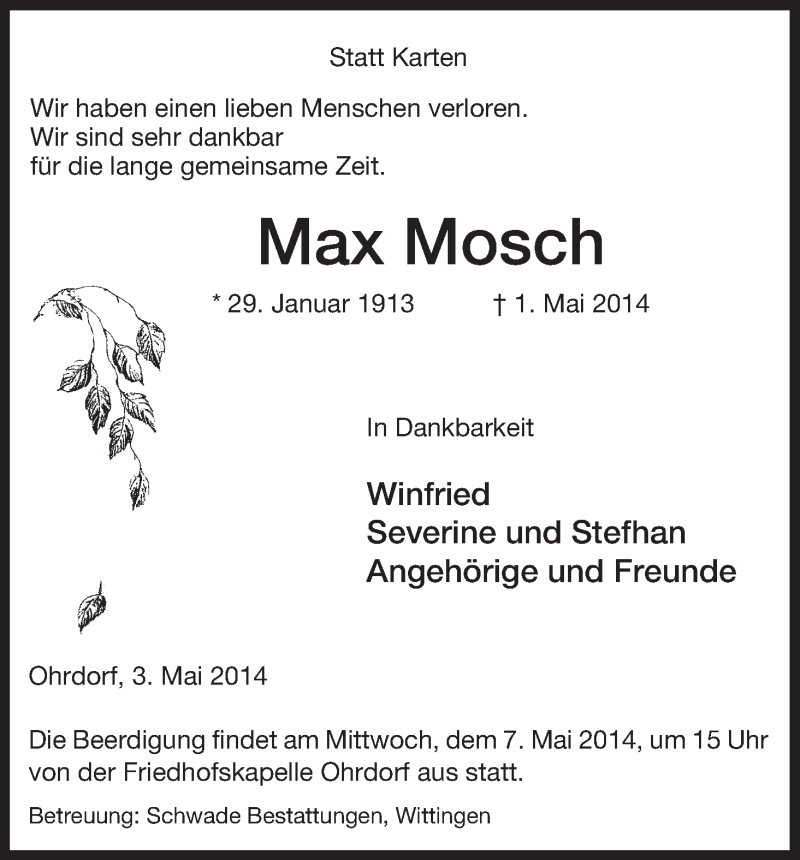  Traueranzeige für Max Mosch vom 03.05.2014 aus Uelzen