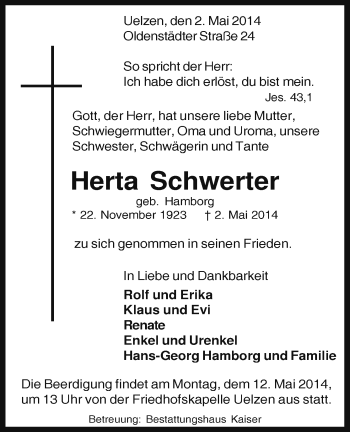 Traueranzeige von Herta Schwerter von Uelzen