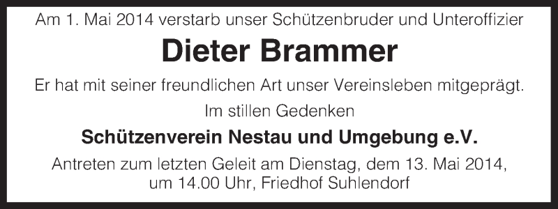 Traueranzeige für Dieter Brammer vom 06.05.2014 aus Uelzen
