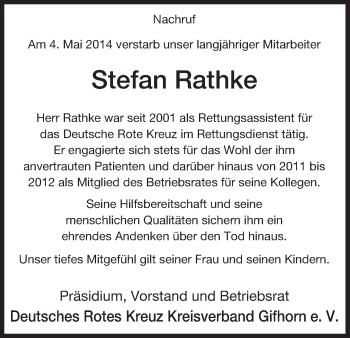 Traueranzeige von Stefan Rathke von Uelzen