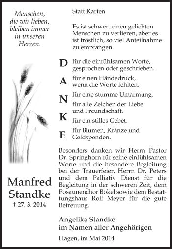 Traueranzeige von Manfred Standke von Uelzen