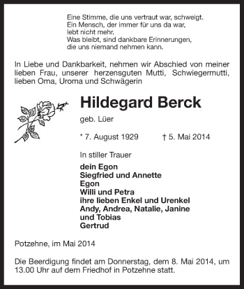 Traueranzeige von Hildegard Berck von Uelzen