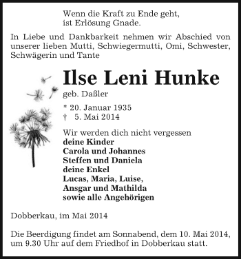 Traueranzeige von Ilse Leni Hunke von Uelzen