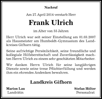 Traueranzeige von Frank Ulrich von Uelzen