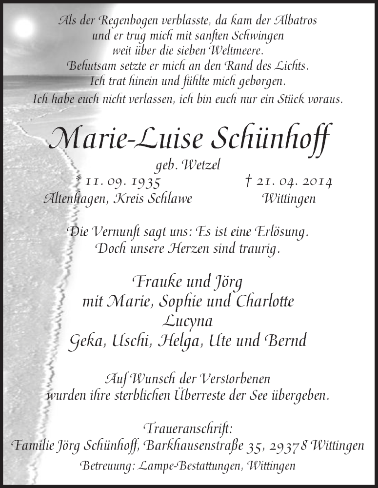  Traueranzeige für Marie-Luise Schünhoff vom 17.05.2014 aus Uelzen