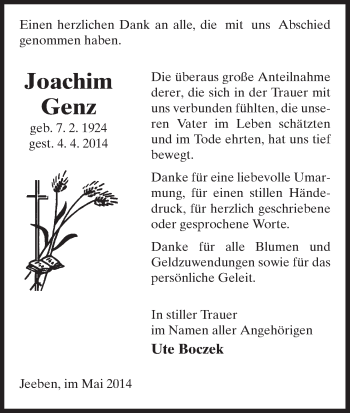 Traueranzeige von Joachim Genz von Uelzen