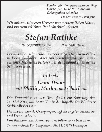 Traueranzeige von Stefan Rathke von Uelzen