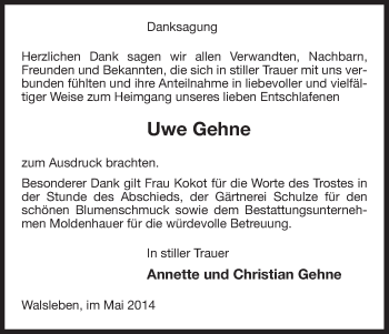 Traueranzeige von Uwe Gehne von Uelzen